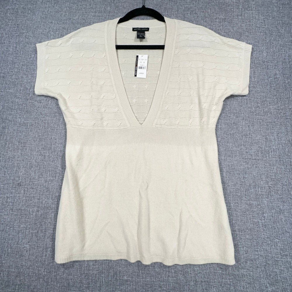 New York & Company Top Womens L V-Neck Y2K Soft Girl Knit Coquette Babydoll NEW